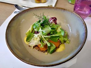 Lentil Salad, Carrots with cumin, green salad at Restaurant Comte Roger in Carcassonne