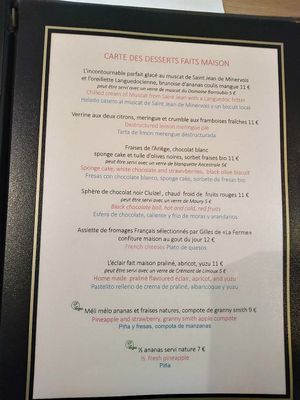 The dessert menu (August 2018). The vegan options have a green vegan logo to the left. at Restaurant Comte Roger in Carcassonne