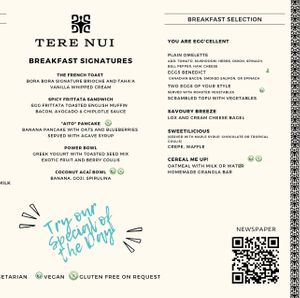 Breakfast menu  at Tere Nui - Four Seasons Resort in Bora Bora