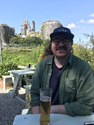 Views of the castle from garden  at The Greyhound Inn in Corfe Castle
