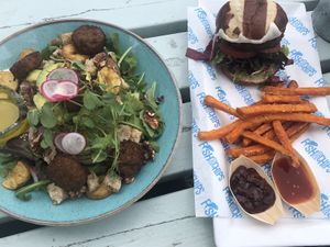 Veggie salad and Lentil burger at The Greyhound Inn in Corfe Castle