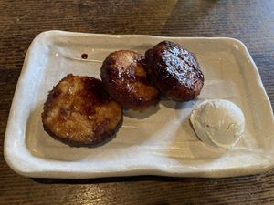 The mochimochi okara mochi’s size got smaller   at Hekkoro in Fujisawa