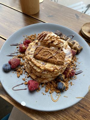Biscoff and bueno pancakes with berries  at Hampton & Vouis in Manchester