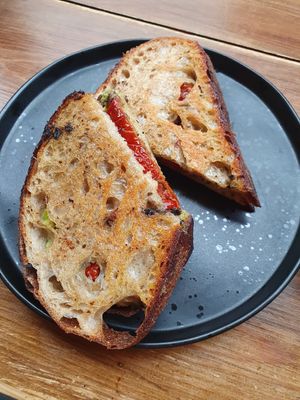 Olive tapenade, sundried tomato and avocado toasted sandwich at Hampton & Vouis in Manchester