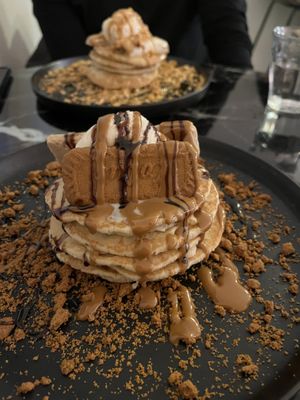 Biscoff pancake stack (foreground) and peanut butter stack (background).  at Hampton & Vouis in Manchester