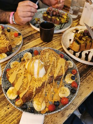 french toast in the front, mediterranean brunch in the back at Hampton & Vouis in Manchester