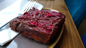 Chocolate & raspberry gluten free brownie at Hampton & Vouis in Manchester