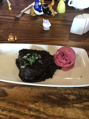 Vegan chocolate fudge cake and black currant sorbet! at The Winterburn in Halifax