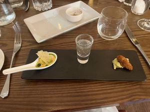 Chef made three special canapes- fresh light felafel bite, spoonful of gazpacho soup, shot of elderflower and soda- not sweet at all  at Wedgwood in Edinburgh