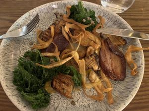Then highlight of oyster mushrooms, with sweetly roasted shallots, potatoes, parsnips and kale with creamy lentil sauce  at Wedgwood in Edinburgh