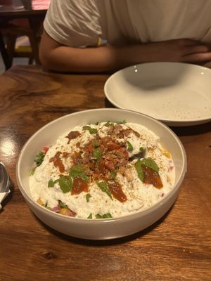 Samosa chaat w vegan yoghurt  at Masala Dosa Street Kitchen - MDSK in Phnom Penh