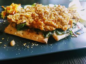 Jackfruit sateh vegan special on viking bread at Blondi Katwijk in Katwijk Aan Zee