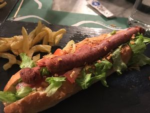 Vegan hot-dog at Legends Cafe in Lugo