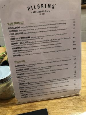 Vegan menu at Pilgrims Vegetarian Cafe in Corrimal