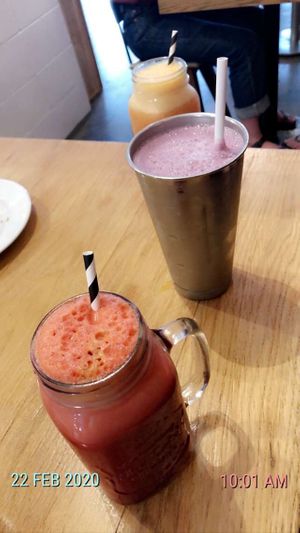 Bombie juice, berry smoothie with almond milk and crystals juice at Pilgrims Vegetarian Cafe in Corrimal