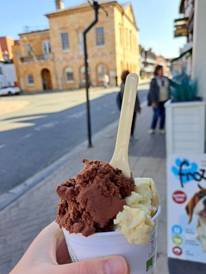Vegan chocolate and salted caramel icecream at Hoorays Gelato Kitchen in Stratford-upon-avon