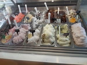 Massive vegan selection. Included chocolate, cherry chocolate,  blood orange gin (20% alcohol and highly recommended!, a vodka one and a few sorbets. at Hoorays Gelato Kitchen in Stratford-upon-avon