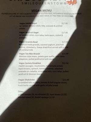 Vegan menu as of June 2022   at Cafe Society in Queenstown