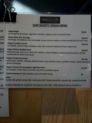Vegan menu at Cafe Society in Queenstown