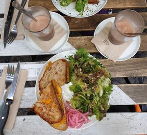 Grilled cheese sandwich and hot choco with oat milk at Okay Cafe in Berlin