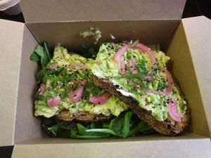 Avocado toast with vegan creamcheese and pickled onion! at Okay Cafe in Berlin