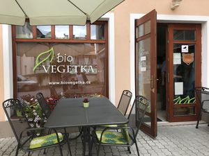 The cafes outdoor seating  at Bio Vegetka in Marianske Lazne