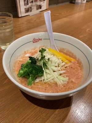 Tomato broth vegan ramen at Stripe Noodles in Chatan