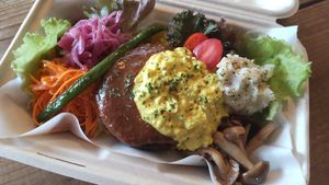 Hamburger steak lunch box at Shizen Inu - We Are Vegan Cafe - 自然いぬ   in Yomitan