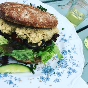 Vegan sandwich with mayo and hummus at Maarbjerggaard in Nakke