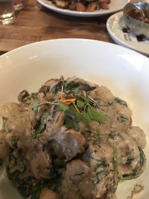 Mushroom dumplings in cashew cheese sauce.  at Southern Social in Vero Beach