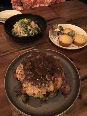 Smoked cauliflower steak, mushrooms and dumplings with jalapeño corn muffins at Southern Social in Vero Beach