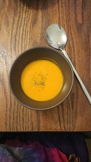 Small creamy carrot soup (vegan) at Ploughman's Lunch Bakery in Okinawa