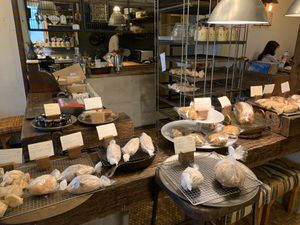 Front desk area with many vegan desserts at Ploughman's Lunch Bakery in Okinawa