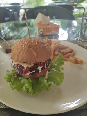 Hamburger with fries at Loving Hut in Kinshasa