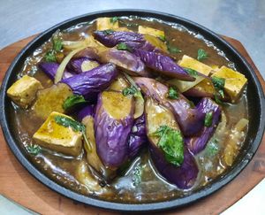 Tofu and eggplant. at Loving Hut in Kinshasa