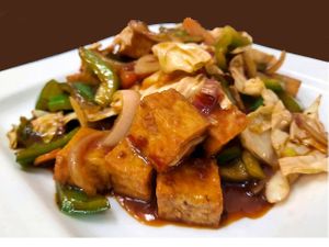 Tofu with soy sauce. at Loving Hut in Kinshasa