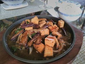 Tofu and Eggplant at Loving Hut in Kinshasa