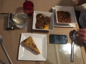 Tortilla de patata (potato "pie"), vegan chorizo and pisto (vegeable stew). very good. at BioWinds in Fuengirola