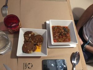 Tapas: Pisto (vegetable stew) and vegan Chorizo. very good. at BioWinds in Fuengirola