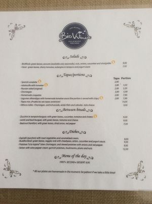 Menu at BioWinds in Fuengirola