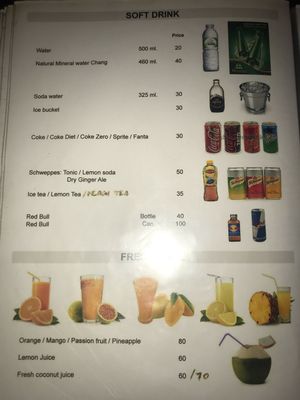 Drink prices  at Silvio's Bistro in Bangkok