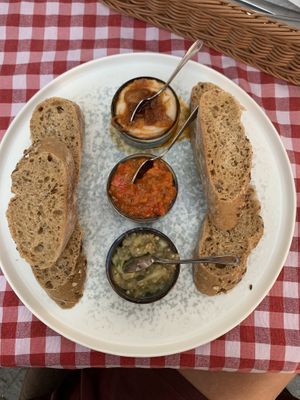 Mashed beans, zacusca and eggplant salad  at Kulinarium in Sibiu