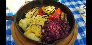 the only warm vegan option, with red cabbage instead of sauteed mushrooms at Kulinarium in Sibiu