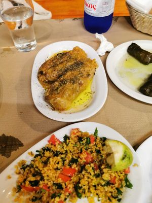Pasus legumes (stuffed cabbage leaves) and tabouleh salad. at Noah's Ark in Kos