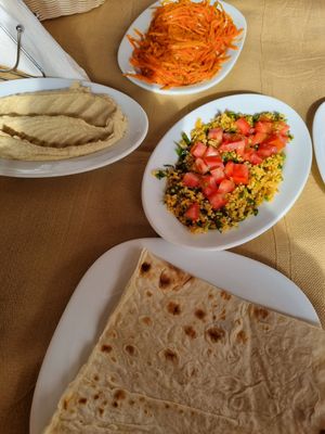 Carrot salad, lavash, hummus ans tabouleh at Noah's Ark in Kos