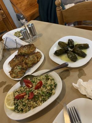 tabouleh salad, zucchini cakes, dolmadakia (stuffed wine leaves)  at Noah's Ark in Kos