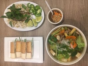 Pho and spring rolls at Pho 36 in Corona