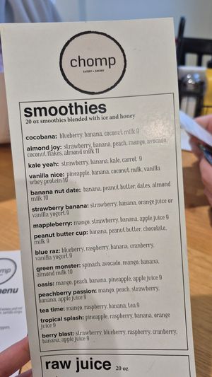 Smoothie Menu at Chomp in Rochester