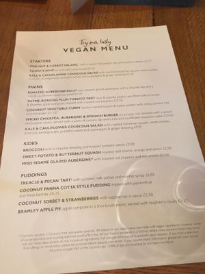 Vegan menu  at The Spread Eagle in Burton Upon Trent