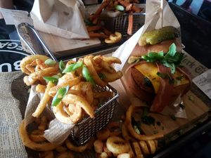 Curly fries and vegan chicken burger at Lily Burger Express in Berlin